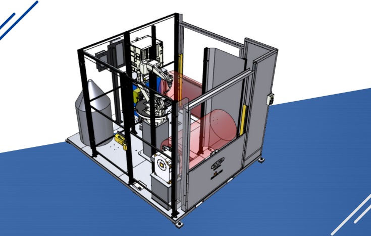 OTC DAIHEN ECO-ARC 290 compact production welding cell on blue and white background.