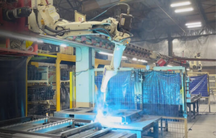 OTC DAIHEN robotic welder welds on steel for use in automotive manufacturing.