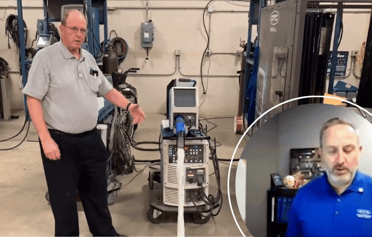 OTC DAIHEN welding instructor Larry demonstrates the XTEND-ARC Inline assist feeder with video inset of Mike Monnin